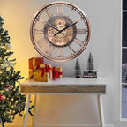 CLXEAST 21 Inch Large Roman Numeral Wall Clock with Moving Gears,Farmhouse Copper Rose Gold/Copper Metal Wall Clocks for Living Room Decor,House Warming Gifts New Home