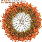 20 Bundles Artificial Fake Mums for Outdoor Fake Plants for Autumn Decoration,Faux Eucalyptus Flowers for Planter UV Resistant Lifelike for Home Porch Garden (Fall Orange)