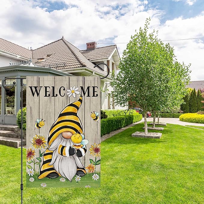 Welcome Summer Gnome Garden Flag Spring Summer Bee Sunflower Yard Flag 12x18 Double Sided Burlap Daisy House Flag for Rustic Seasonal Outside Outdoor House Decoration (ONLY FLAG)