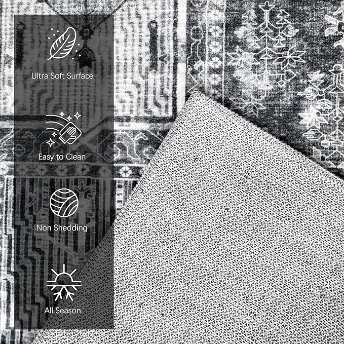 Vintage 4' x 6' Washable Area Rug - Stylish Indoor Rug for Living, Dining or Bedroom - Lightweight Carpet with Non-Slip Backing - Foldable for Easy Placement and Maintenance - Grey