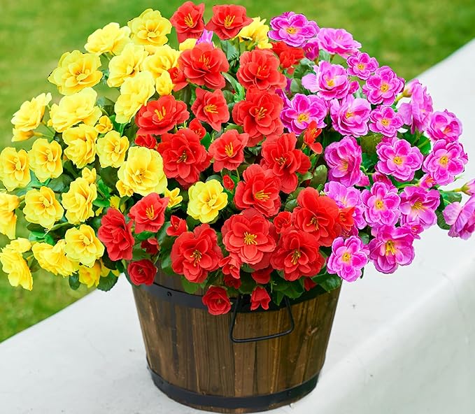 Ivydale Artificial Faux Flowers Plants for Outdoor Outside for Fall Decor,Fake Silk Colorful Camellia UV Resistant Look Real for Planter Pot Porch Patio Balcony Garden Yard Home, 3 Large Bundles