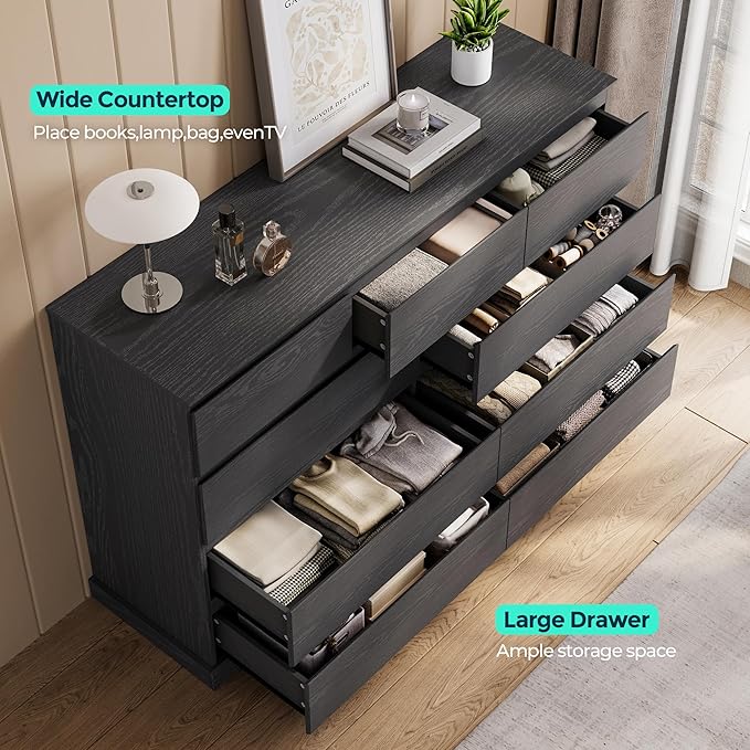 LINSY HOME 9 Drawer Dresser for Bedroom, 53" Wide Chest of Deep Drawers, Modern Farmhouse Wood Dressers with Storage, Large Drawer Organizer for Bedroom, Living Room, Handless Design, Black