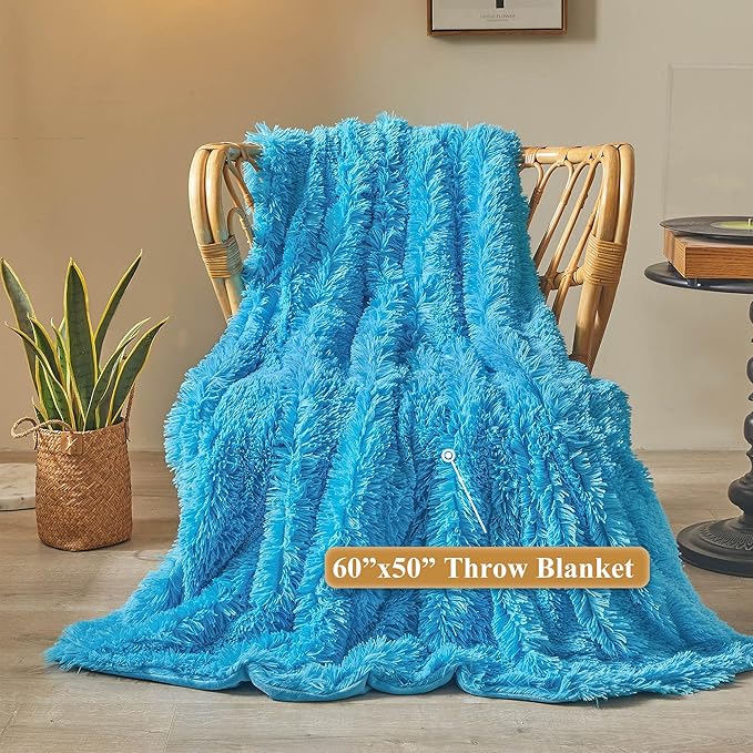 XeGe Luxury Faux Fur Throw, Blue Soft 50x60 Fluffy Blanket, Shaggy Plush Decorative Couch Cute Furry Bed Throw Fuzzy Office Lap Blanket for Bedroom Living Room Sofa Chair, Blue