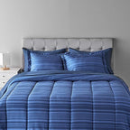 Amazon Basics Full/Queen Comforter Set with Sheets, 7-Piece Blue Calvin Striped Bedding, Lightweight Microfiber Bed-in-a-Bag