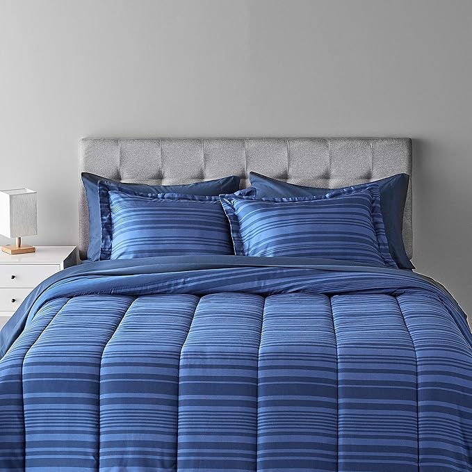 Amazon Basics Full/Queen Comforter Set with Sheets, 7-Piece Blue Calvin Striped Bedding, Lightweight Microfiber Bed-in-a-Bag