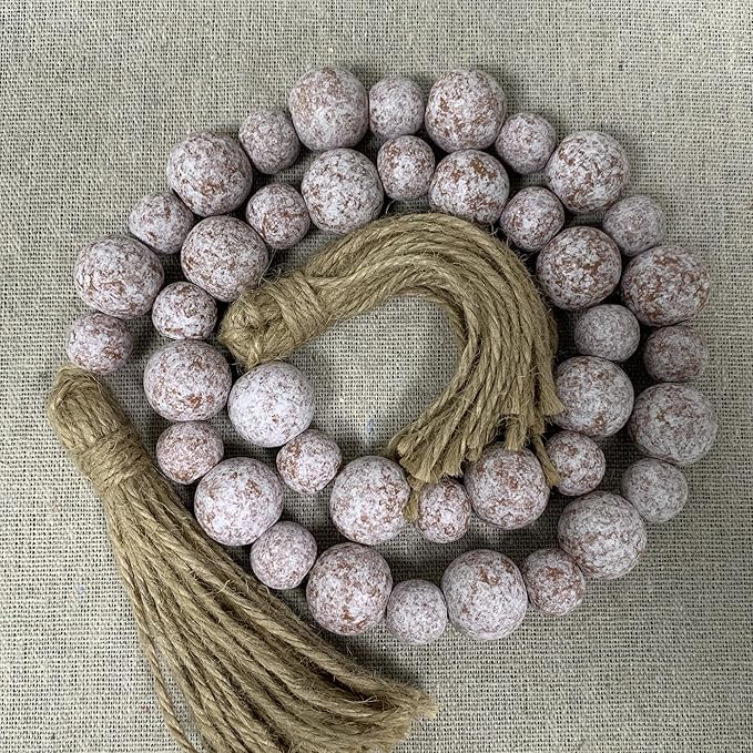 Handcrafted Farmhouse Wooden Decorative Beads Garland, Table Tray Boho Wood Beads with Tassel, Small Rustic Antique Decor for Home and Events (Rustic White)