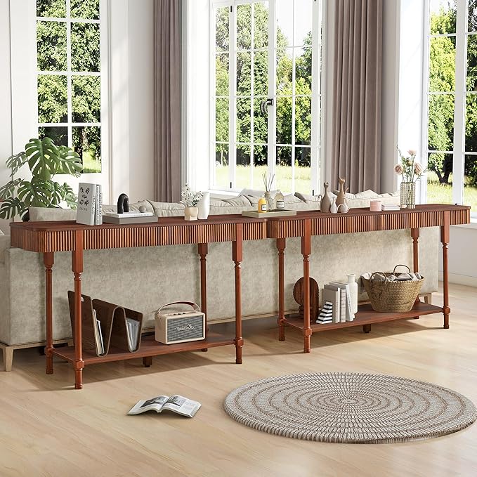63”Console Table with 2 Drawers, Farmhouse Entryway Table with Fluted Panel & Storage Shelf,Narrow Long Behind Couch Tables Accent Sofa Table with Solid Wood Legs for Living Room Foyer Hallway(Walnut)