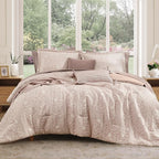 Full Comforter Set -7 Pieces Botanical Almond Pink Comforter Set for All Seasons, Bed in a Bag Full with Flowers Floral Comforter, Sheets, Pillowcases & Shams