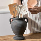 Ceramic Rustic Flower Vase with Handles, 8.36 Inch Tall Vintage Pottery Home Decor, Farmhouse Terracotta Vase for Living Room, Table, Shelf, Mantel Decoration, Farmhouse- Black