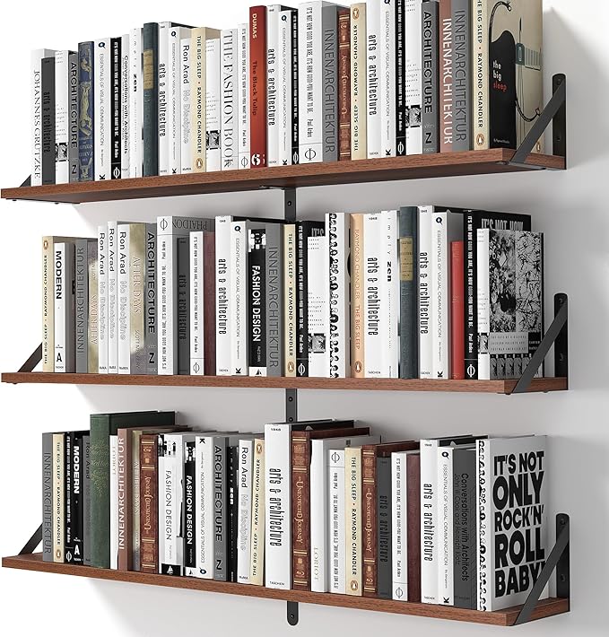 Heimlove Floating Shelves for Wall, 36 Inch Long Wood Floating Bookshelf Set of 3, Wall Mounted Hanging Shelf for Bathroom Bedroom Kitchen, Walnut