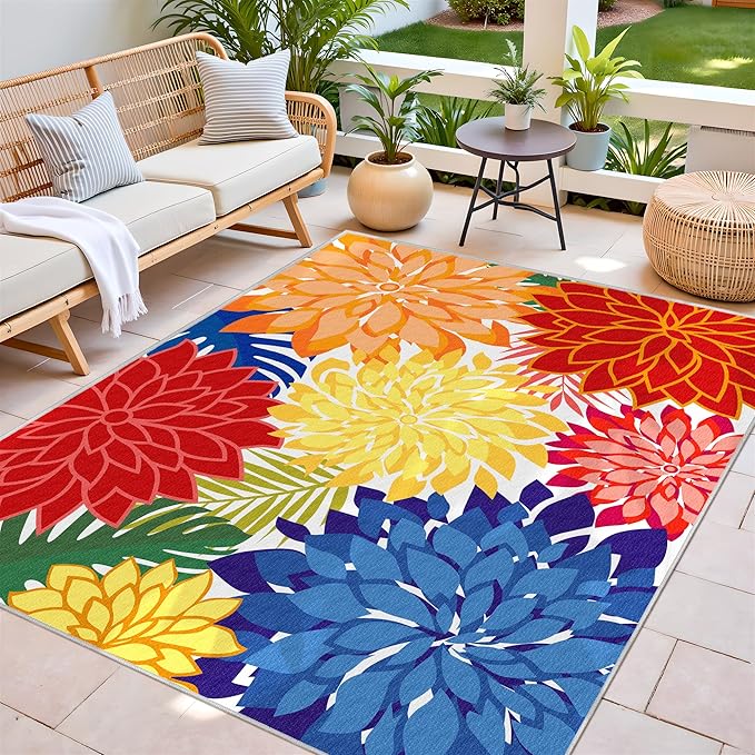 Indoor Outdoor Area-Rug Washable Multicolored Patio Rug Tropical Botanical Modern Floral Indoor Outdoor Carpet Non-Slip for Patio, Deck, Backyard, Porch (5x8)