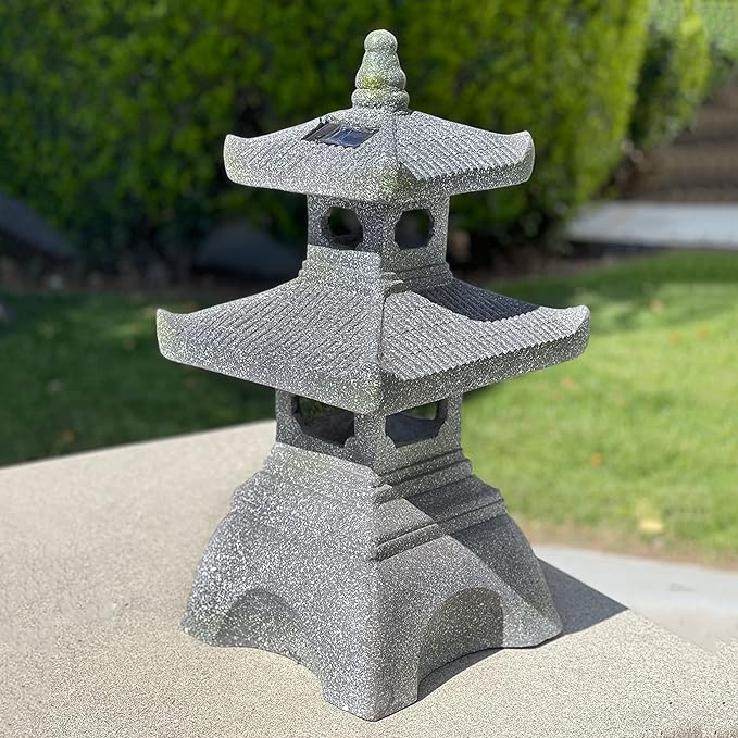 Galt International 2 Tier Pagoda Garden Statue LED Solar Powered Light 26" Tall Outdoor Zen Garden Lantern Landscape Lawn Asian Pagoda Stupa Decor Grey Resin