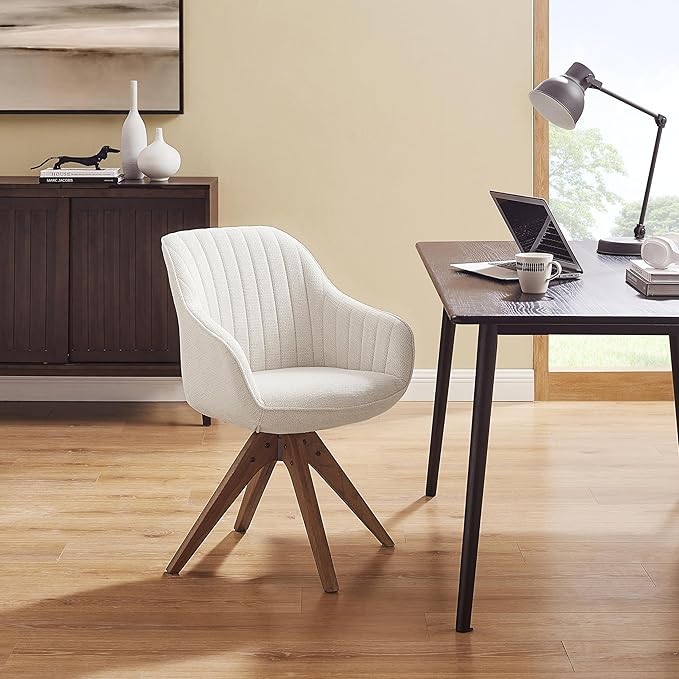 Art Leon Desk Chair No Wheels, Mid Century Modern Office Chair, Swivel Accent Chair with Oak Wood Legs, Fabric Upholstered Arm Chair, Ivory