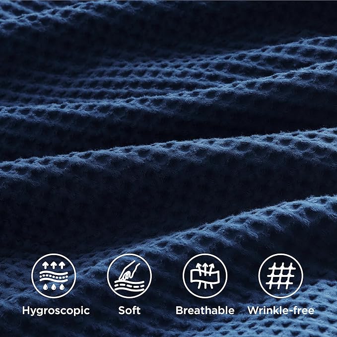 Bedsure Cotton Duvet Cover King - 100% Cotton Waffle Weave Navy Blue Duvet Cover King Size, GentleSoft™ and Breathable Bedding Set for All Season, 3 Pieces, 104"x90"