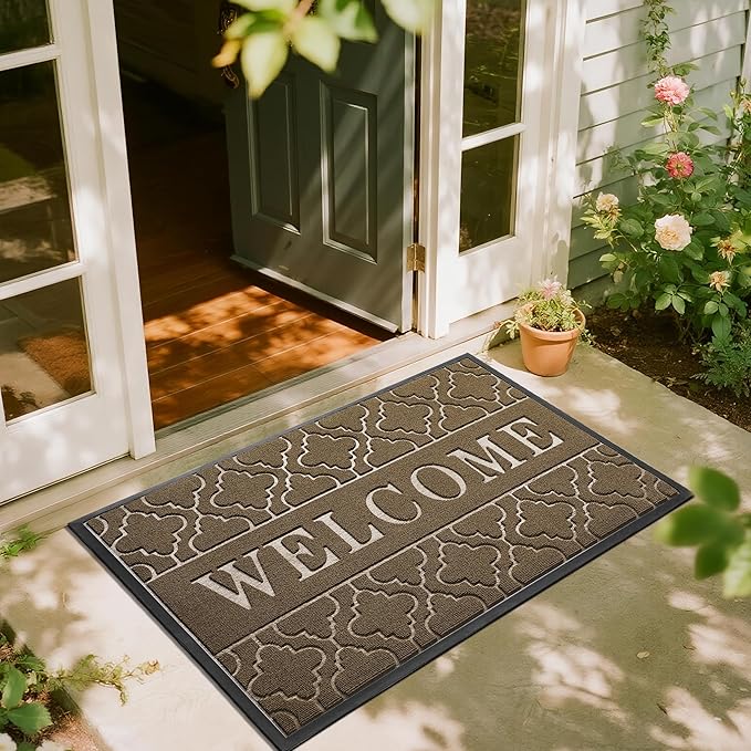 Yimobra Welcome Mat Outdoor Indoor, All-Season Waterproof Front Door Mat Outside Entrance, All-Weather Heavy Duty Non-Slip Doormat, Low Profile Porch Patio Entrance Mats, 47x32, Coffee