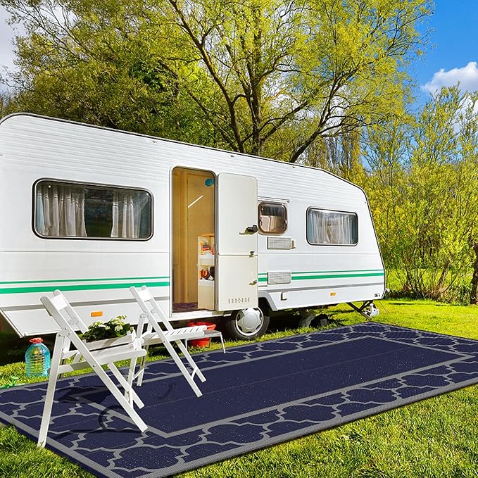 GENIMO 10 'x20 ' Outdoor Rug for Patio Clearance, Waterproof Indoor Outdoor Plastic Straw Rugs Carpet, Reversible Outside Area Rv Mat for Camping, Balcony Porch, Deck, Picnic, Beach (Blue & Grey)