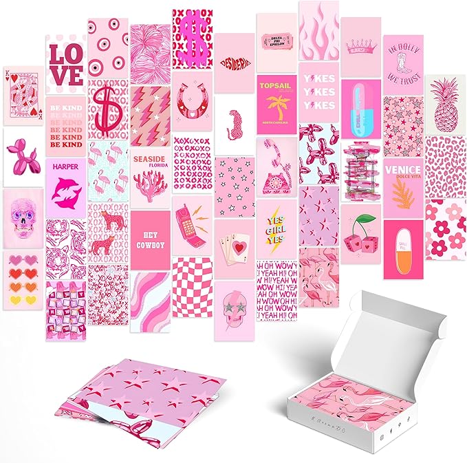 Y2K BOO Preppy Pink Wall Collage Kit - 50 Trendy Aesthetic Photos for Stylish Spaces, Perfect Room Decor, Teens' Photo Collage Kit 4x6, Dorm Wall Art