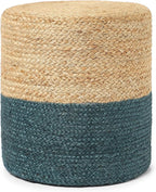REDEARTH · Cylindrical Pouf Foot Stool Ottoman - Jute Braided Pouffe Poof Accent Sitting Footrest for Living Room, Bedroom, Nursery, Patio, Lounge (Natural Teal, 14.5"x14.5"x16")