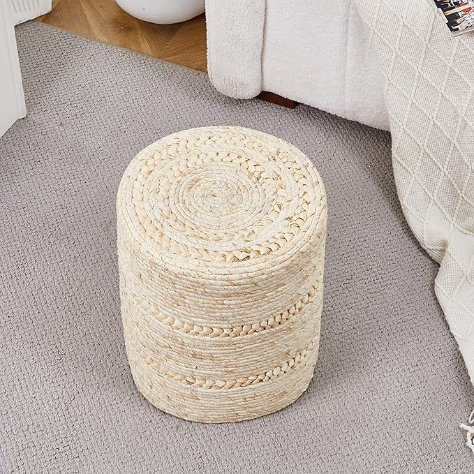 Wimarsbon Natural Seagrass Foot Stool, Hand Weaving Round Ottoman, for Living Room, Outdoor Seat (Beige Corn)