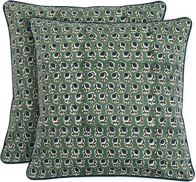 Ridhi Basil Green Block Print Cotton Canvas Throw Pillow Covers for Decorative Couch Pillows for Living Room, Chic Boho Cute Outdoor Valentine Pillows Covers Gifts 18x18 Inches