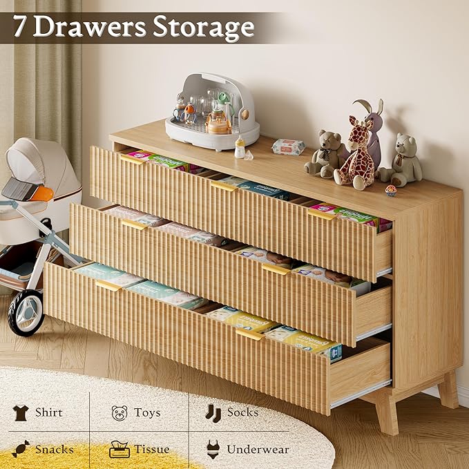57" Long Dresser for Bedroom, 7-Drawer Fluted Chest, Wide Wood Storage Dresser with Metal Slides and Handles, Stable Base, Modern Clothes Organizer for Primary Suite, Guest Room, Nursery
