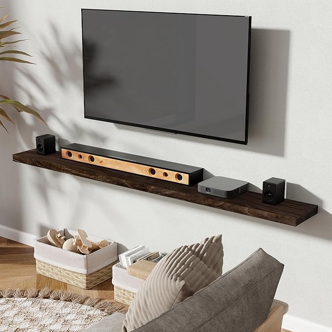 72" Floating Shelves for Wall, Rustic Elm Wood Floating Shelf for Home Decor, Wall-Mounted Display Shelves with Heavy-Duty Bracket, Long Floating Shelf for Bathroom, Kitchen, Living Room, Walnut Color