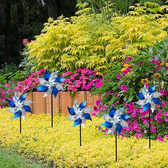 Hausse 10 Pack Reflective Pinwheels, Extra Sparkly Pinwheel, Bird Repellent Devices Deterrent to Scare Birds Away from Yard Patio Farm, Blue & Silver
