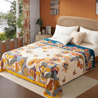 Boho Throw Blanket Queen Size, Oversized Soft Cozy Cotton Muslin Quilt Blanket for Bed Decor, Floral Patterned Couch Sofa Chair Cover, Vintage Farmhouse Cottage Woven Blanket, Yellow&Blue