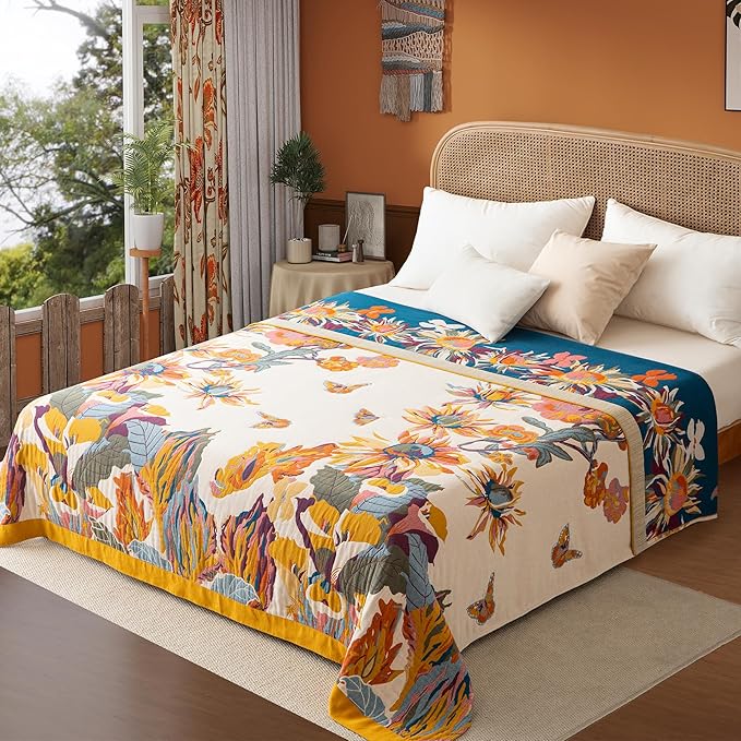 Boho Throw Blanket Twin Size, Soft Cozy Cotton Muslin Quilt Blanket for Bed Decor, Floral Patterned Couch Sofa Chair Cover, Vintage Farmhouse Cottage Tapestry Woven Blanket, Yellow&Blue