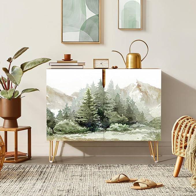 SIGNWIN Sideboard Buffet Cabinet, Kitchen Storage Cabinet with 2 Doors, Pastel Watercolor Pine Tree Fores, Cupboard Console Table for Dining Room - 35" L x 18" W x 29" H