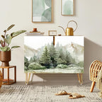 SIGNWIN Sideboard Buffet Cabinet, Kitchen Storage Cabinet with 2 Doors, Pastel Watercolor Pine Tree Fores, Cupboard Console Table for Dining Room - 35" L x 18" W x 29" H