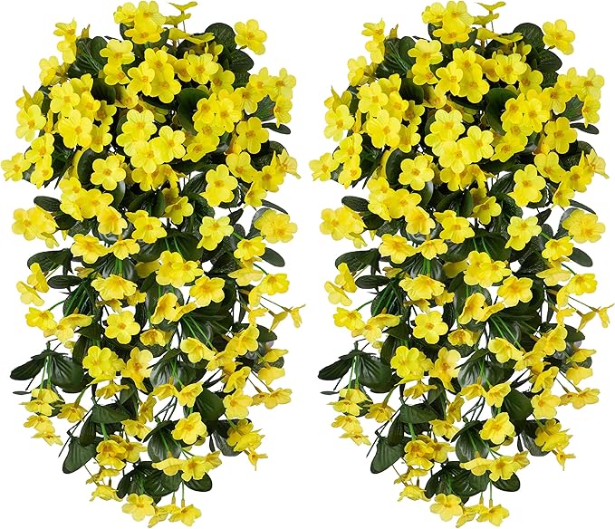 Artificial Faux Hanging Plants Flowers for Outdoor Fall Autumn Decor, 2 PCS Fake Silk Daisy Mums Yellow Orchid Long Vines UV Resistant Realistic for Outside Home Porch Patio Balcony Planter