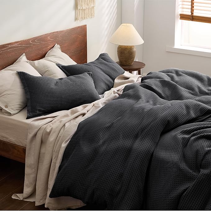Bedsure Cotton Duvet Cover Set - 100% Cotton Waffle Weave Charcoal Duvet Cover California King Size, GentleSoft™ and Breathable Cal King Bedding Set for All Season, 3 Pieces, 104"x98"