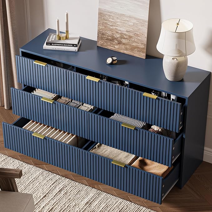 7 Drawer Dresser for Bedroom, Modern Fluted Dresser with Gold Metal Handles, Wide Chest of Drawers for Bedroom, Living Room, Entryway, Hallway, 55.9" L x 15.7" D x 31.4" H, Navy Blue