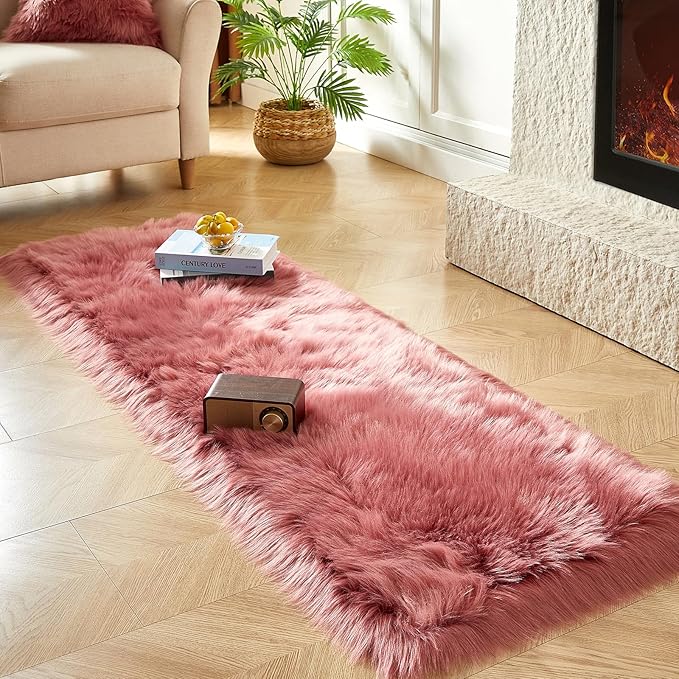 AMTOVO Faux Fur Rug, Blush Pink Ultra Soft Fluffy Shag Sheepskin Rug, 2 x 6 ft Runner Area Rugs for Bedroom Sofa Throw Cushion Room Decor, Rectangle