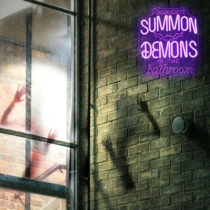 Please Don't Summon Demons in the Bathroom Neon Sign Gothic Wall Art Dimmable Purple Letter LED Neon Light Spooky Bat Neon Wall Sign for Bedroom Bathroom Man Cave Bar Halloween Party Decor