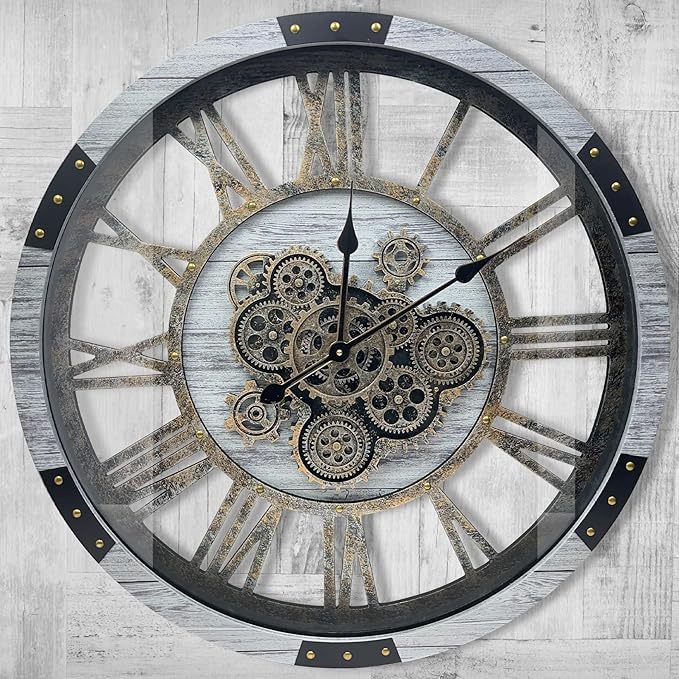 DORBOKER 30" Original Moving Gears Wall Clock, Large Industrial Wall Clock for Living Room Decor, Solid Wood Vintage Farmhouse Steampunk Rustic Clocks for Wall Decor,Silver Grey