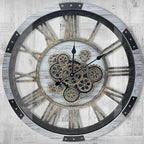 DORBOKER 30" Original Moving Gears Wall Clock, Large Industrial Wall Clock for Living Room Decor, Solid Wood Vintage Farmhouse Steampunk Rustic Clocks for Wall Decor,Silver Grey