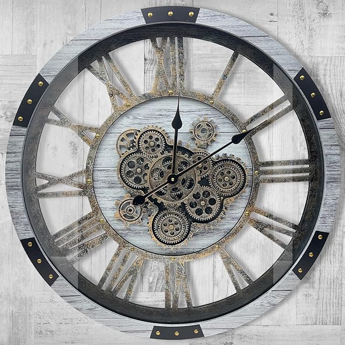 DORBOKER 40" Original Moving Gears Wall Clock, Large Industrial Wall Clock for Living Room Decor,Oversized Wood Vintage Farmhouse Steampunk Rustic Clocks for Wall Decor,Silver Grey