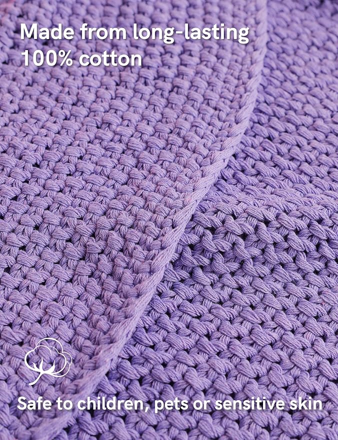 YnM Chunky Cotton Knit Throw Blanket, Cable Knit Throws for Bed Couch Sofa, Comfy & Relaxing, Decorative Piece for Farmhouse Modern Boho Rustic Scandinavian Chic Vibe, Lilac Purple 50x60 Inches