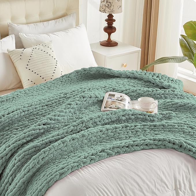 Carriediosa Chunky Knit Throw Blanket 50" X 60", 100% Hand Made Large Chenille Loop Yarn Soft Fluffy Throws for Couch Sofa Bed, Big Crochet Cozy Heavy Thick Cable Woven Blanket, Sage Green