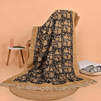 Bohemian Floral Cotton Throw Blanket with Tassels | 48x70 Inch Handblock Printed Sofa Throw | Black & Gold Decorative Bed Cover | Lightweight Couch Throw for Living Room & Bedroom
