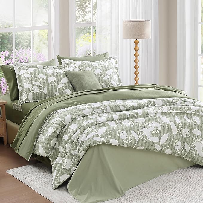 Full Comforter Set -7 Pieces Sage Green Floral Comforter Set for All Seasons, Bed in a Bag Full with Botanical Flowers Comforter, Sheets, Pillowcases & Shams