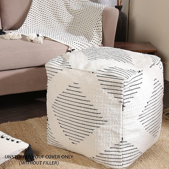 REDEARTH · UNSTUFFED Pouf Ottoman Cover Textured Boho Storage Square Home Decor Poof Pouffe Space Saver Footrest for Living Room, Bedroom, Nursery, Kidsroom; 100% Cotton (18"x18"x18"; Black)