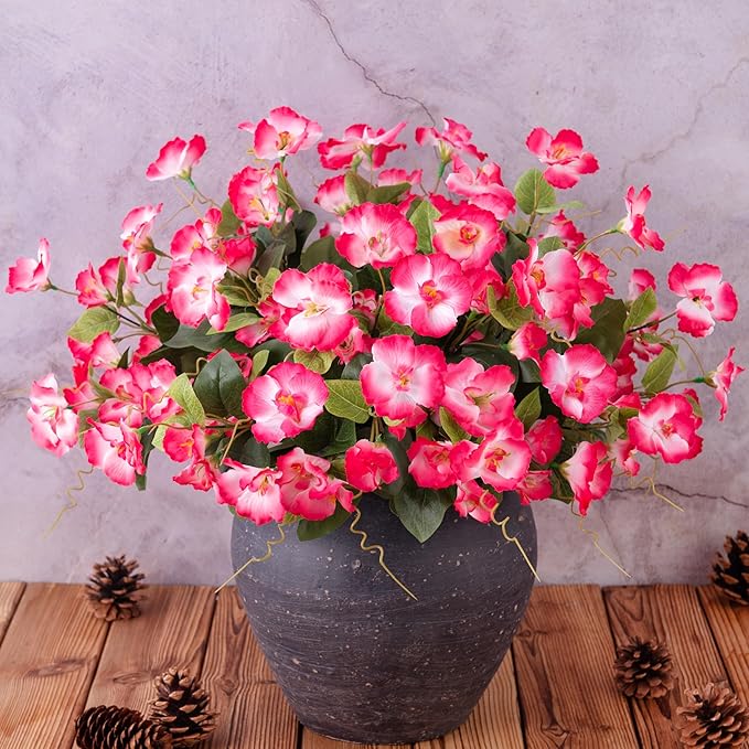 Hibiscus Artificial Flowers Plants for Outdoors Decoration, 6 Bundles Silk Hibiscus Bouquet Tropical Flowers Artificial Realistic UV Resistant Fake Flower for Outside Planter Porch Patio Balcony, Pink