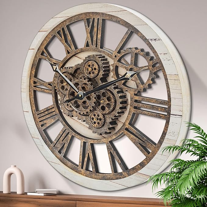 HOIBAI Large Wall Clock, Wall Clocks for Living Room Decor 20 Inch Farmhouse Vintage Rustic Kitchen Wall Decor Vintage Roman Oversized Wall Clock for Home Bedroom House Office, Moving Gears Clock