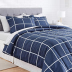 Amazon Basics Full/Queen Comforter Set with Sheets, 7-Piece Navy with Grey Plaid Bedding, Lightweight Microfiber Bed-in-a-Bag