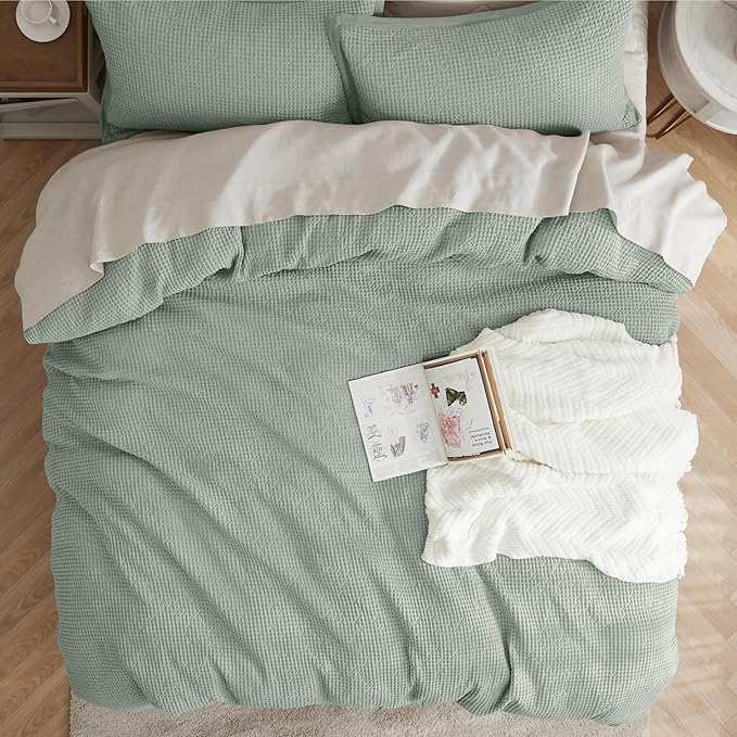 Bedsure Cotton Duvet Cover King - 100% Cotton Waffle Weave Sage Green Duvet Cover King Size, GentleSoft™ and Breathable Bedding Set for All Season, 3 Pieces, 104"x90"
