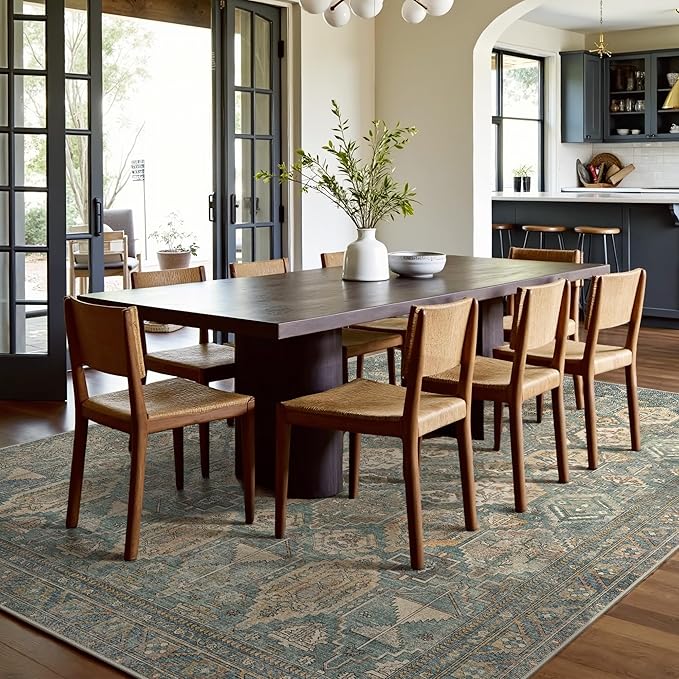 GENIMO 8x10 Area Rugs for Living Room, Machine Washable Non Slip Vintage Rugs, Low Pile Lightweight Chenille Print Rug for Bedroom, Dining Room, Home Office, Sage Teal