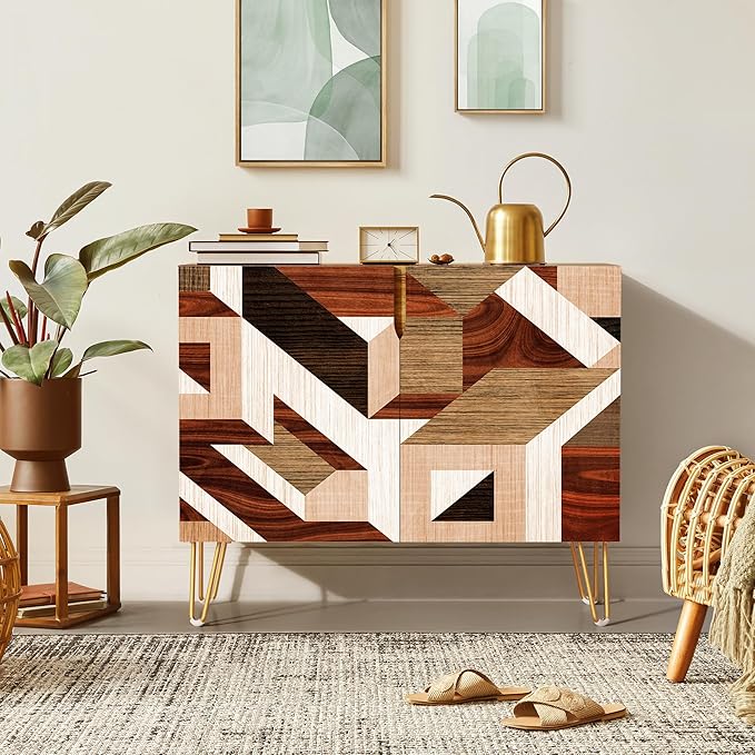 SIGNWIN Sideboard Buffet Cabinet, Kitchen Storage Cabinet with 2 Doors, Mid-Century 3D Polygon Collage Geometry, Cupboard Console Table for Dining Room - 35" L x 18" W x 29" H